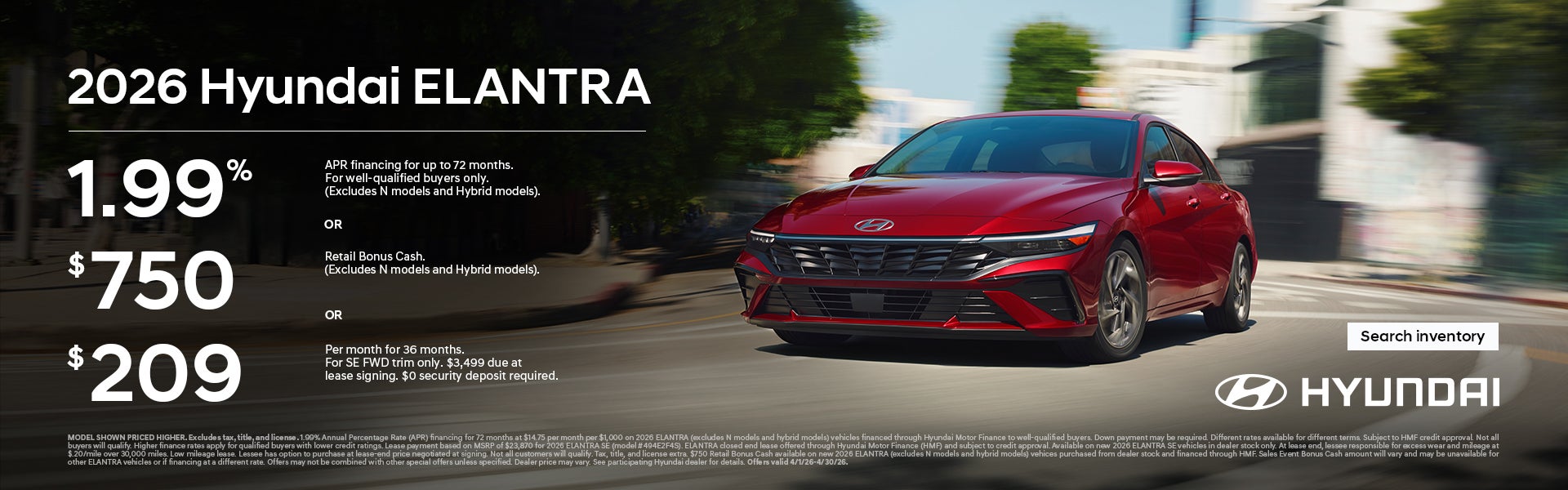 2026 Hyundai Elantra APR or Lease or Bonus Cash Offer
